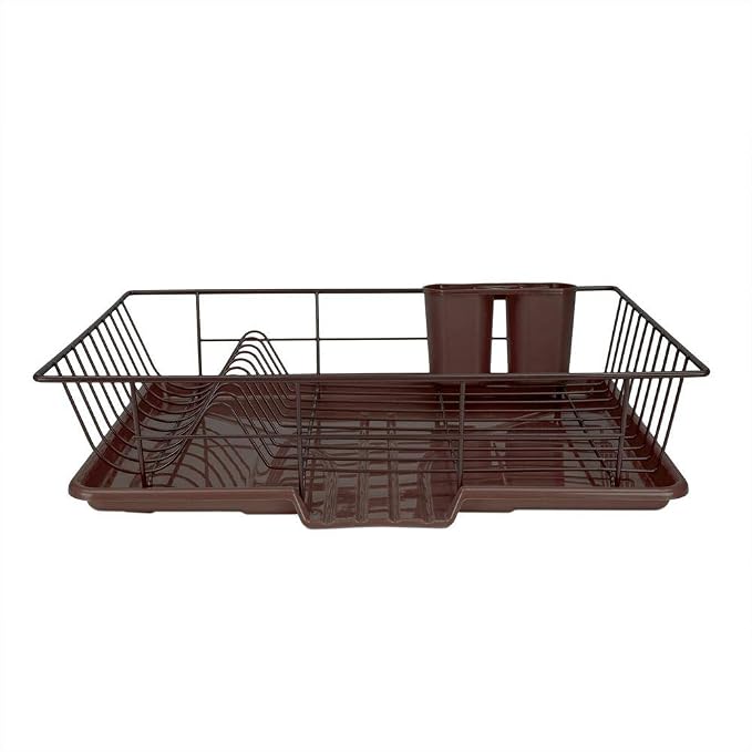 Sweet Home Collection Metal Dish Rack Drainer 3 Piece Set with Drying Board and Utensil Holder, 12" x 19" x 5", Bronze