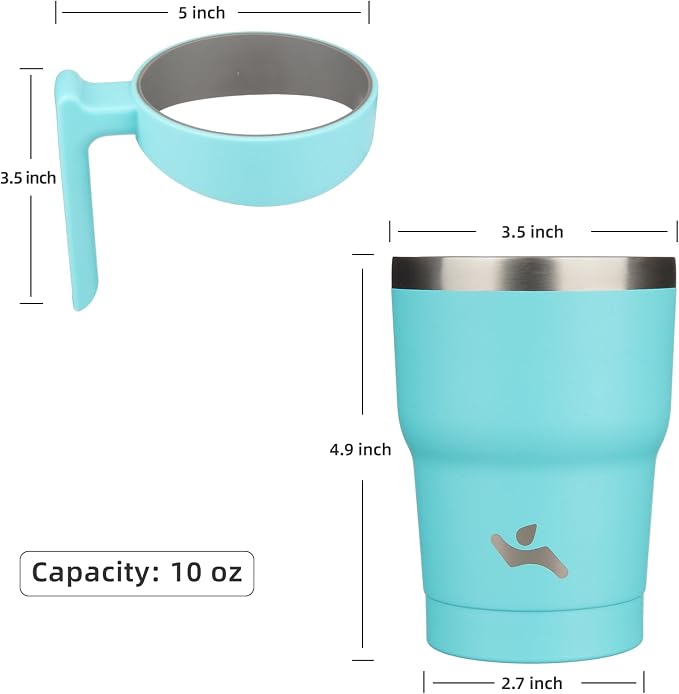 Konokyo 10 oz Tumbler with Handle and Straw, Insulated Travel Mug | Turquoise; BPA-free, leak-proof tumbler with 2 lids, 2 straws, cup holder fit for coffee, office, travel & daily use