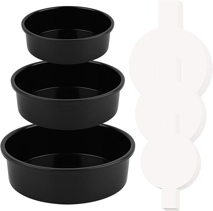HUAKENER 3 Pack Round Cake Pans, Carbon Steel Pan with Parchment Paper | 6" 8" 10 Inch Circle Cake Pan with 150 Pieces Parchment Paper, Non-stick Cake Baking Pans, Dishwasher Safe