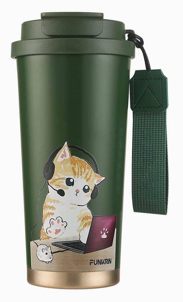 Funkrin Insulated Coffee Mug with Straw & Flip Lid, 16oz Tumbler Cup with Ceramic Coating, Double Wall Vacuum Leak-Proof Travel Mug wiht Tea Infuser for Office School Party Camping