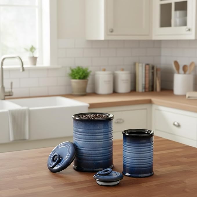 Nihow Food Storage Jar,Ceramic Canister Sets for The Kitchen,Set of 2,Blue | Air Tight Lid,Seal Damp-proof,For Flour/Sugar/Rice/Coffee/Cookies/Candy,Kitchen Counter Canister/Dishwasher Safe
