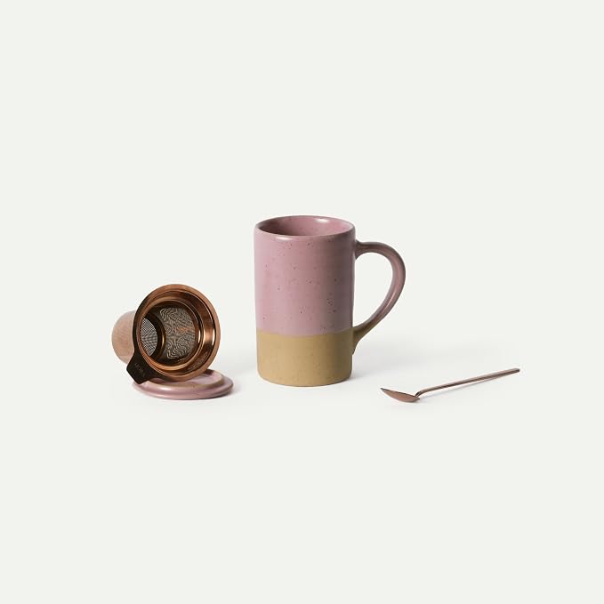 Mora Ceramics Tea Cup with Loose Leaf Infuser, Spoon and Lid, 12 oz, Microwave and Dishwasher Safe Coffee Mug - Rustic Matte Ceramic Glaze, Modern Herbal Tea Strainer - Great Gift for Women, Dawn