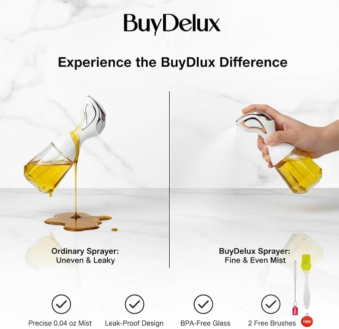 Continuous Mist Oil Sprayer 150ml with 2 Free Brushes for Cooking, Hair, Cleaning – Glass Olive Oil Dispenser, Refillable Mister for Air Fryer, Salad, BBQ (White Gold)
