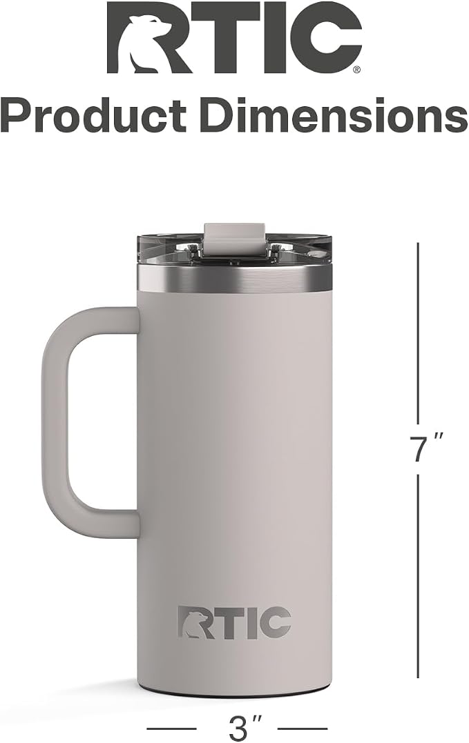 RTIC 16oz Road Trip Travel Mug with Lid and Handle, Ceramic Lined, Insulated, Stainless Steel, Metal, Double Wall Vacuum-Insulation, Portable Coffee, Tea Cup for Hot and Cold Drink, Cool Grey