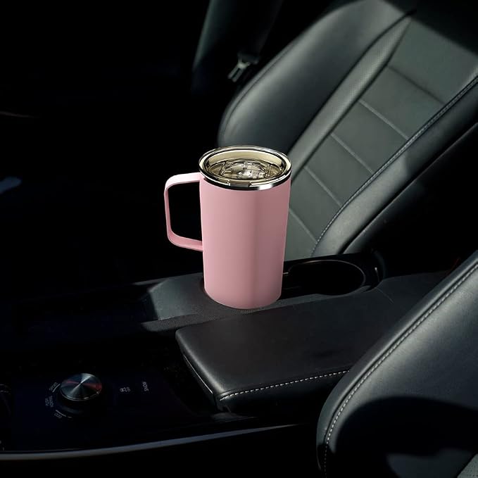 asobu Tower Mug Ceramic Inner Coated Insulated Stainless Steel Cup for Pure Tasting Coffee with Easy Hold Handle and Tritan Lid Fits Standard Cup Holders 20 Ounce Travel Mug Powdered Pink