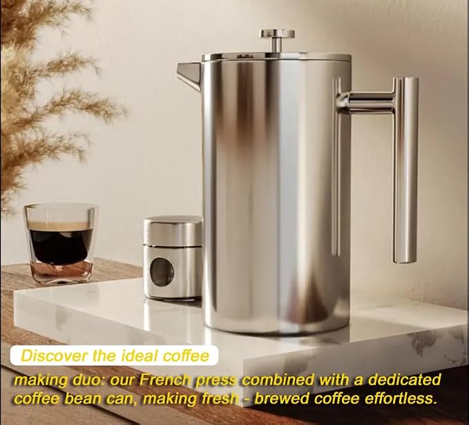 QNA French Press Coffee Maker Set, 20oz 304 Stainless Steel | Includes a coffee canister and extra filter for 4-layer filtration, making 5-6 cups of smooth coffee with fewer grounds.