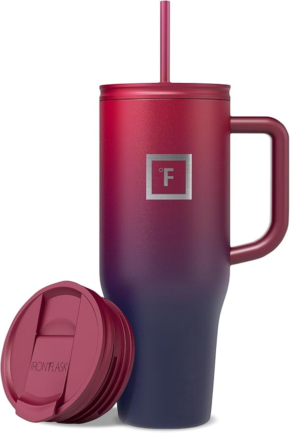 IRON °FLASK 40 oz Co-Pilot Insulated Travel Mug | Insulated Travel Mug with Straw & Flip Cap Lids - Cup Holder Fit, Leakproof, BPA Free (Dark Rainbow)