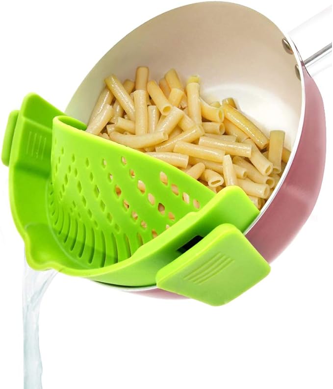 YEVIOR Clip on Strainer for Pots Pan Pasta,Silicone Food Pan Strainer | Food-grade BPA-free,Kitchen Food Strainer for Spaghetti, Pasta,Vegetable Fruits Fits All Bowls and Pots (Green)