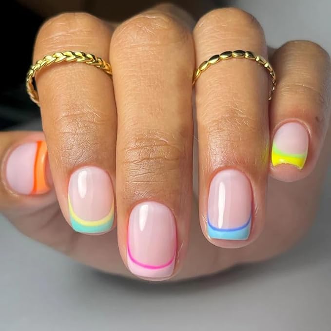 CurvLife Short Square Rainbow Design Press On Nails, Multicolor,Soft Gel | 32PCS, 16 Sizes, Salon-Quality Natural Fake Nails, Curved Fit, 7-14 Day Glue-On Wear, Reusable Stick-On Nails, Press-On Kit
