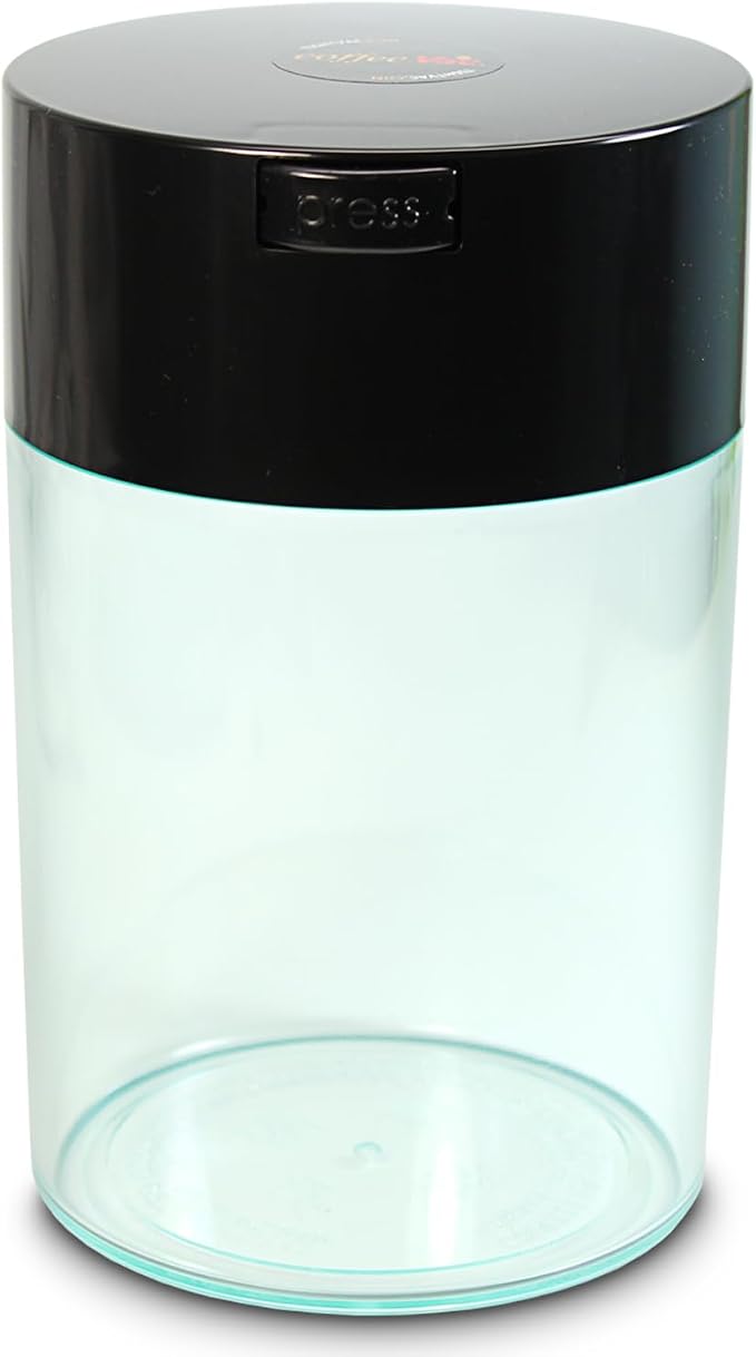 COFFEEVAC 1 LB Airtight Coffee Bean Storage Container, Patented Vacuum Seal, Coffee Grounds Container, 1.85L, Smell Proof, Black Cap and Clear Body