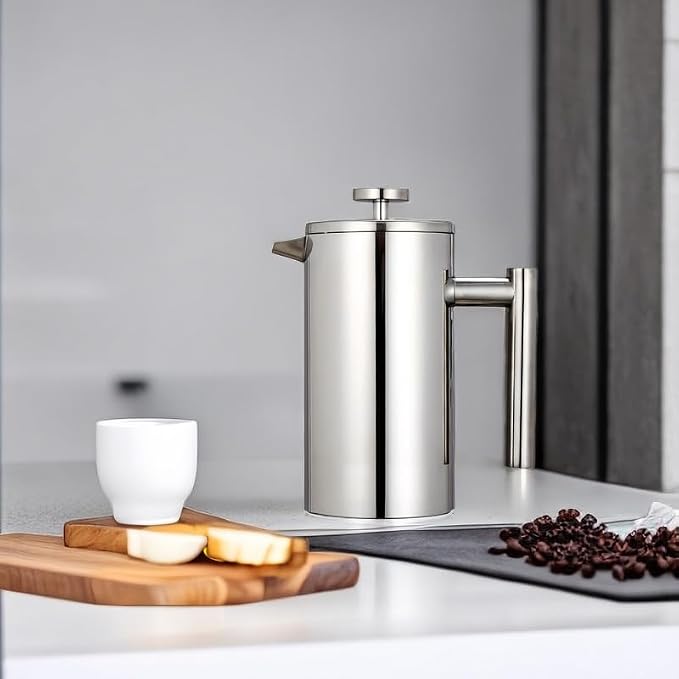 French Press Coffee Maker, 600ml/20oz Silver Stainless Steel Coffee Press, Double-Wall Insulated, Food Grade & Rust-Free, Included 2 Extra Filters, Dishwasher Safe