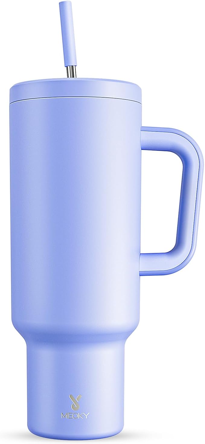 Meoky 50 oz Tumbler with Handle, Tumbler with Lid and Straw, Insulated Stainless Steel Travel Mug, 100% Leak-proof, Keeps Cold for 36 Hours or Hot for 12 Hours (Lilac)
