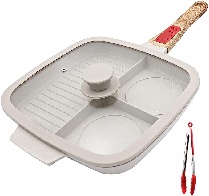 Nonstick 3 Section Grill Pan for Stove Tops, White | Detachable Handle, Versatile Griddle Pan with Lid, Square Skillet PFOA Free