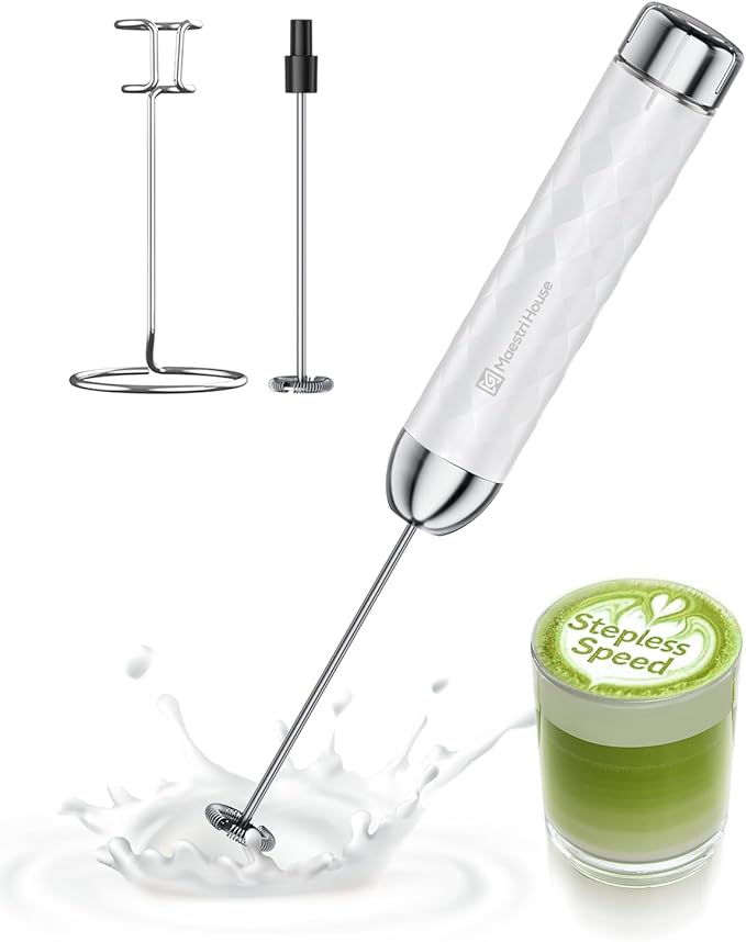 Maestri House LunaFro 2.0 Rechargeable Milk Frother, Stepless Speed Control | 1200mAh lithium battery Frother Handheld, IPX4, Stand & 2 Detachable Whisk for Lattes, Cappuccino, Matcha & Protein powder