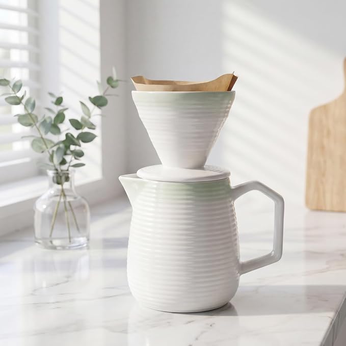 pour over coffee maker - Ceramic Dripper Pot, Heat-Resistant & Easy Clean | Manual Slow Drip Coffee Brewer for Office, Home, Camping 1-3 Cup Pour 20 coffee filters