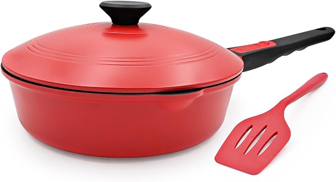 12 Inch Nonstick Deep Frying Pan Skillet with Lid, 5 Qt Large Saute Pan,Red | Detachable Handle, Suitable for All Stoves, Including Induction, PTFE & PFAS & PFOA Free, Oven Safe