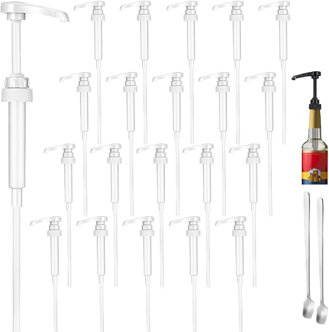 20 Pcs White Coffee Syrup Pump Compatible with 25.4Oz/750ml Bottles | Syrup Dispenser Pumps, Great for Home & Coffee Bar, Drinking Mixes, Tea, Beverage, Cocktails, Syrup Bottles, Plus Spoons