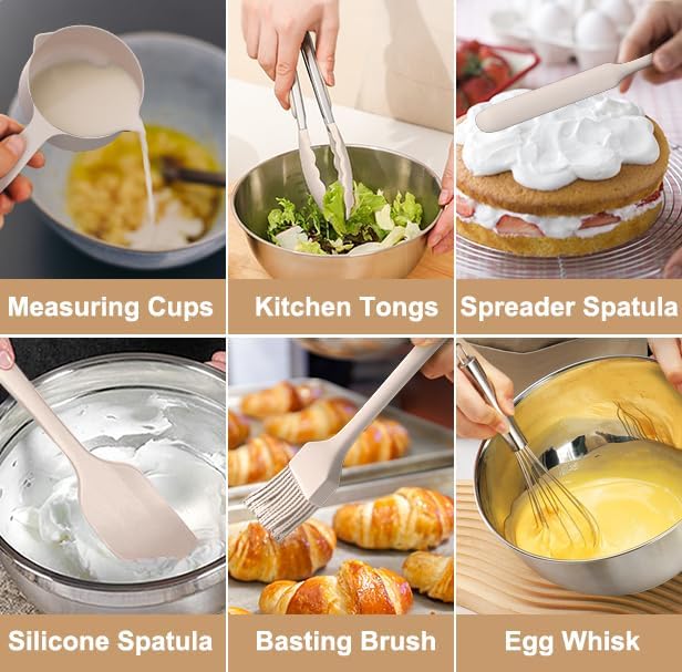Wildone Mixing Bowls with Airtight Lids, Stainless Steel Nesting Bowls Set | Metal Bowls with 3 Grater Attachments, Non-Slip Bottom, Size 5, 4, 3, 2, 1.5, 1, 0.63QT, Include Utensil Set for Prep, Khaki