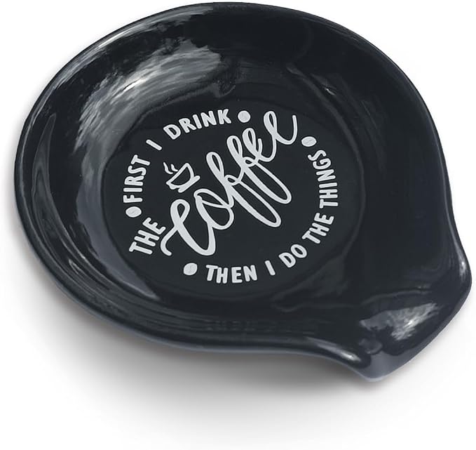 Littlefa Black Coffee Spoon Rest Holder-Coffee Bar Accessories | Funny Ceramic Coffee Spoon Rest for Coffee Bar Accessories Essentials, Coffee Lovers Gifts, But First I Drink Sign