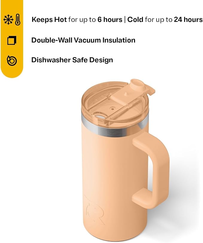 RTIC 16oz Road Trip Travel Mug with Lid and Handle, Ceramic Lined, Insulated, Stainless Steel, Metal, Double Wall Vacuum-Insulation, Portable Coffee, Tea Cup for Hot and Cold Drink, Peach Tea