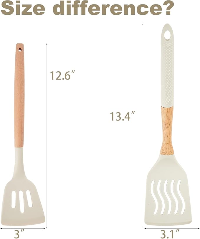 Kitchen Utensils Set - 7 PCS Non-Stick Silicone Cooking Utensils Set Spatula Set with Holder, Wooden Handle Spoon,Tongs,Whisk Kitchen Gadgets Tools Set for Nonstick Cookware (Cream White-7Max)