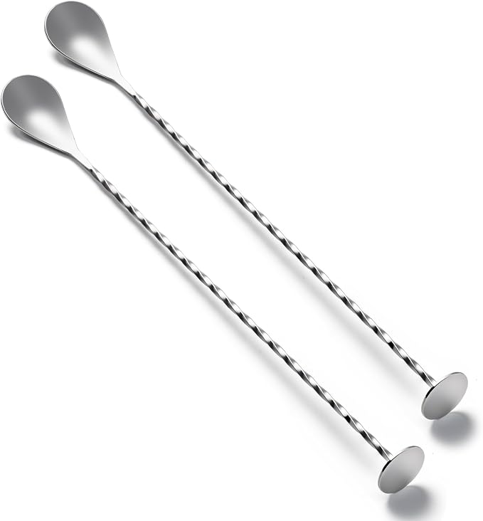 Bar Spoon Cocktail Mixing Stirrers, 2Pcs,12” with Round Base, Silver | 18/8 Stainless Steel, Long Handle, Flat Base for Tabletop Standing, Stirrer & Muddler for Coffee & Drinks
