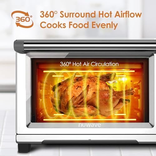 Nuwave Bravo Air Fryer Toaster Smart Oven, 12-in-1 Countertop Convection | 30-QT XL Capacity, 50°-500°F Temperature Controls, Top and Bottom Heater Adjustments 0%-100%, Brushed Stainless Steel Look