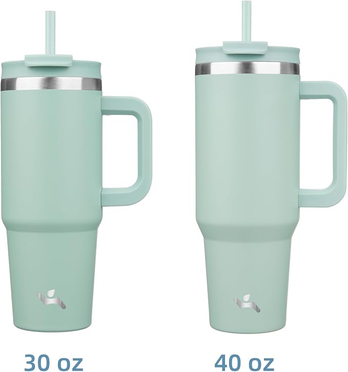 Konokyo 40 oz Insulated Tumbler Water Bottle with Handle, Straw Lid | BPA-free and dishwasher safe; made for gym, travel, coffee and gifting, 2 straws, cup holder friendly,Retro Green