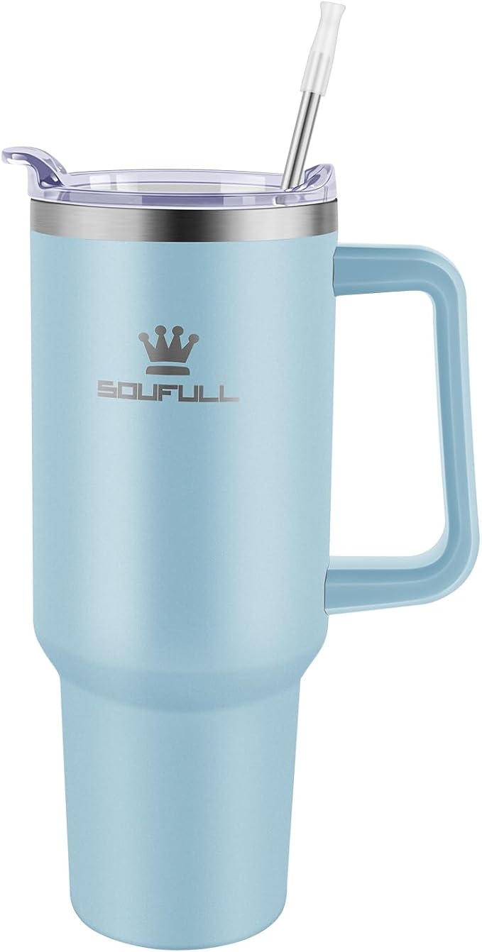 Soufull 40 oz Tumbler with Handle and Straw Lid, 100% Leak-proof, SkyBlue | Stainless Steel Insulated Travel Coffee Cup, Keeps Cold 34Hrs or Hot 10Hrs, Dishwasher Safe