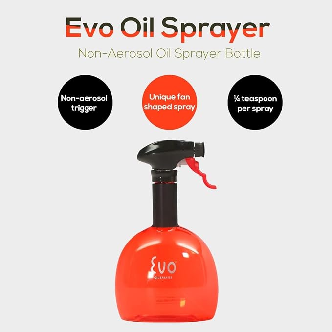 Evo Original Oil Sprayer Bottle | Non-Aerosol for Olive Oil, Cooking Oils, Vinegars | 24-Oz Capacity | Rotatable Nozzle | Gourmet Cooking Tools - Food-Safe Materials | Red