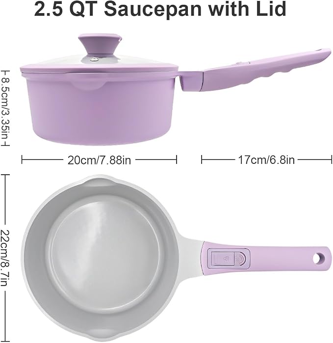 AIKENBBKK Nonstick Sauce Pan with Lid, 2.5 Qt Ceramic Saucepan with Lid, Non Stick Sauce Pan, Milk Pot&Sauce Pot&Saucepan with Pour Spout, Detachable Handle Milk Pan, Induction Compatible,Purple