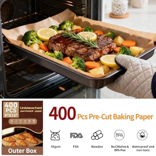YUANYE 400PCS Parchment Paper Baking Sheets, 9"x13" Unbleached Precut Quarter Parchment Paper for Baking, Non-Stick Baking Paper for Grillin, Steaming Bread Cookies, Cakes, Oven, Air Fryer, Microwave