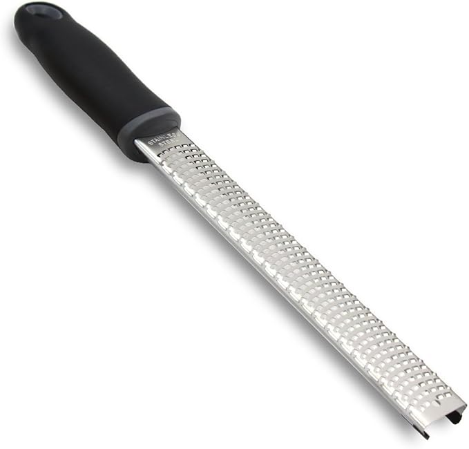 8-Inch Lemon Zester & Cheese Grater, 18/8 Stainless Steel, Black | Fine 18/8 Stainless Steel Blade for Citrus, Parmesan, Ginger and Garlic, Soft Non-slip Handle, Cover, Dishwasher Safe