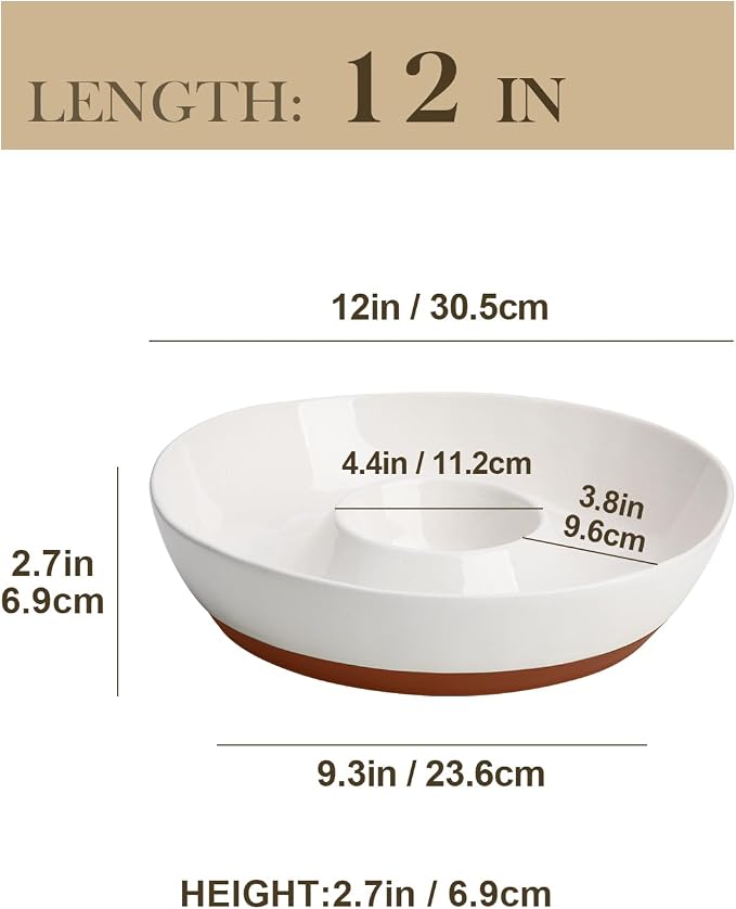 MALACASA Ceramic Chips and Dip Serving Tray, 12 Inch Dip Serving Tray | Free-Form Divided Ceramic Chips and Dip Bowls for Parties, Hosting and Entertaining, White
