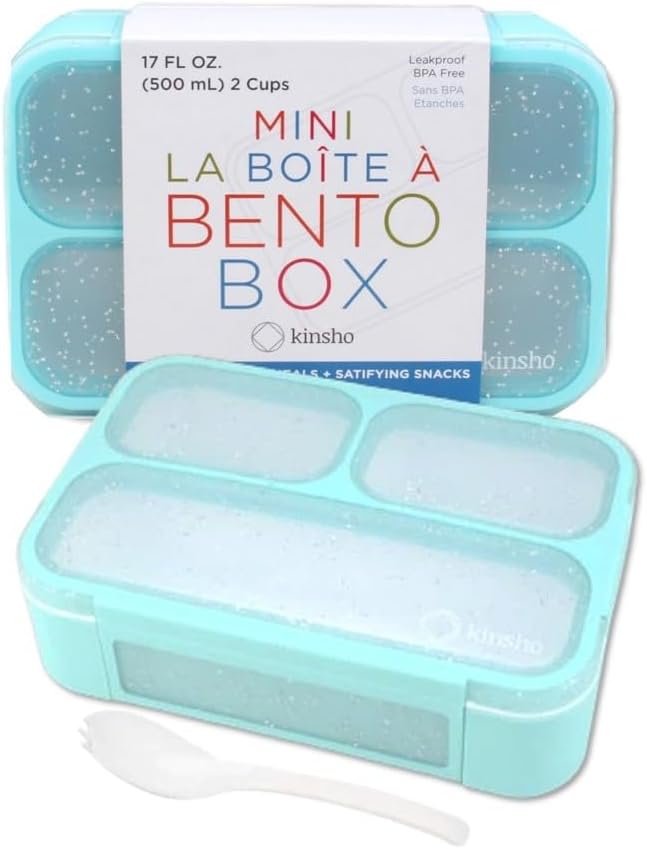 kinsho Small Snack Containers for Kids, Set of 2 (Pastel Blue+Teal Sparkle) | 3 Compartments, Leak-Proof, Spill Proof, BPA-Free Reusable Small Mini Bento Lunch Box for Daycare School Travel, Holds 2 Cups