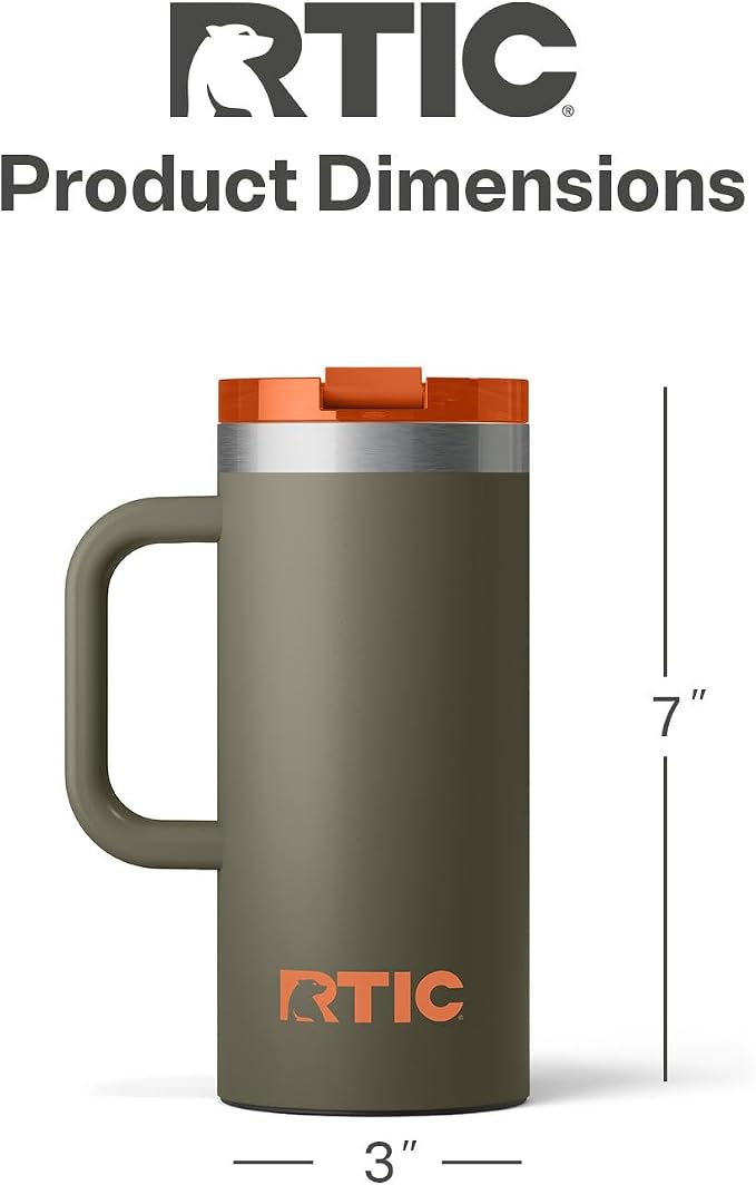 RTIC 16oz Road Trip Travel Mug with Lid and Handle, Ceramic Lined, Insulated, Stainless Steel, Metal, Double Wall Vacuum-Insulation, Portable Coffee, Tea Cup for Hot and Cold Drink, Trailblazer