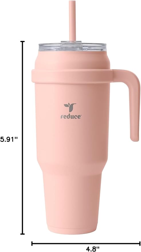 REDUCE 50 oz Stainless Steel Tumbler with Handle - Dual-Wall Vacuum Insulated Travel Mug, Sweat-Proof Lid & Reusable Straw - Keeps Drinks Cold for 24 Hrs, Fits Cupholders, Dishwasher Safe - Pink Clay
