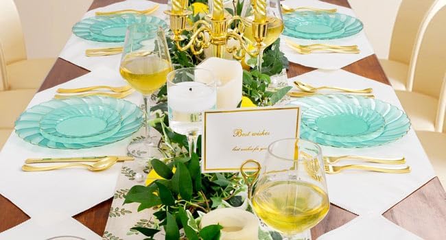 YOUBET 125PCS Clear Green Plastic Plates with Gold Rim for Wedding Party | Green and Gold Plastic Plates Include 25 Dinner Plate 25 Dessert Plate 75 Disposable Silverwares