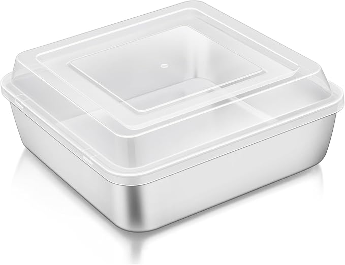 TeamFar 6 x 6 Baking Pan, Square Cake Pan with Lid - 1 Pan + 1 Lid | Stainless Steel for Baking Cooking Brownie Lasagna, Portable for Home Outdoor Camping, Non-Toxic & Dishwasher Safe