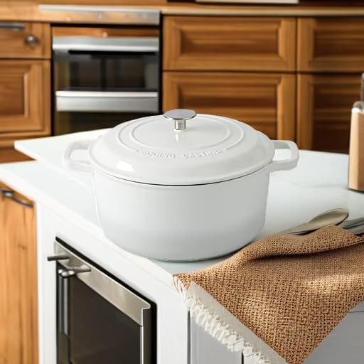 EDGING CASTING Enameled Cast Iron Dutch Oven Pot With Lid, Dutch Oven for Sourdough Bread Baking Round Pot Dule Handle, 6 Quart, White