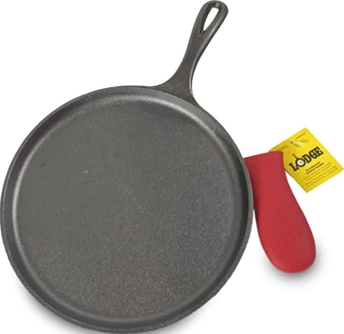 Lodge Round Seasoned Cast Iron Griddle with Red Silicone Handle Holder - Heavy Duty Flat Cooking Pan for Breakfast Favorites & Everyday Cooking - 10.5 Inches