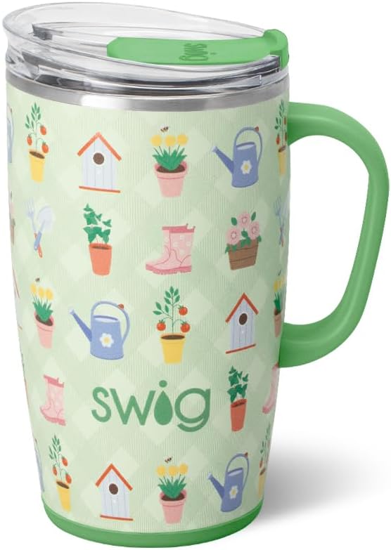 Swig Life 18oz Insulated Travel Mug with Handle & Lid, Green Thumb | Triple Insulated Stainless Steel - Handle & Lid Included - Keeps Coffee Hot or Cold - Cup Holder Friendly