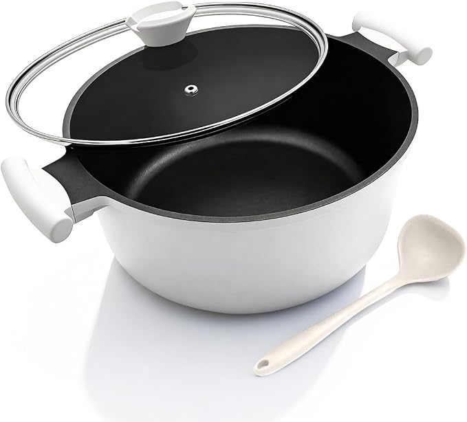 5 Qt Nonstick Stock Pot with Lid, Soup Pot with Stay-Cool Handle, White | Lightweight & Durable, Suitable for All Stoves, Including Induction, PTFE & PFAS & PFOA Free