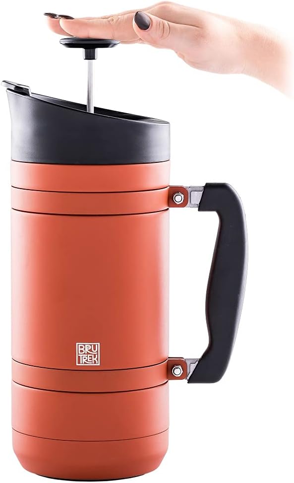BruTrek by Planetary Design | BaseCamp French Press | 48 fl.oz - RedRock | Double Wall Insulated Stainless Steel - Bru-Stop Technology, No Grounds in Coffee, No Spill Lid (Red Rock, 48 fl.oz)