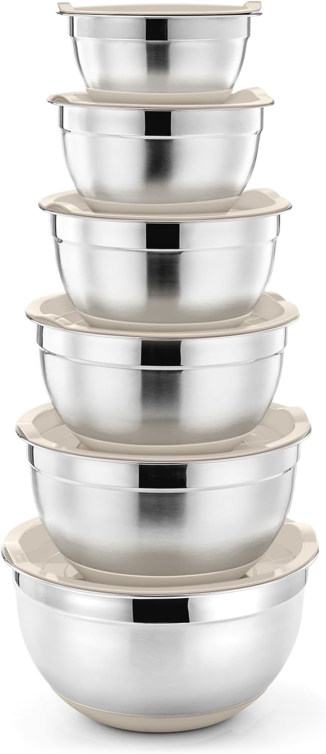 P&P CHEF Stainless Steel Mixing Bowls With Lids, Set of 6, Khaki | Salad Nesting Mixing Bowls & Fitting Lids & Non-Slip Silicone Bottom, Ideal for Mixing, Storing, Size 0.7/1/1.5/2.5/3/4.6 Qt