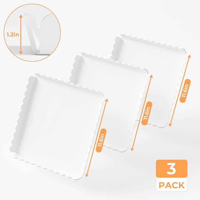 3 Pack Acrylic Serving Trays, 11.6 x 11.6 Inch Scalloped Serving Platter for Food Coffee Fruit, Glossy White Acrylic Dessert Catering Drink Tray for Party Table, Cupcake Plates for Birthday Party