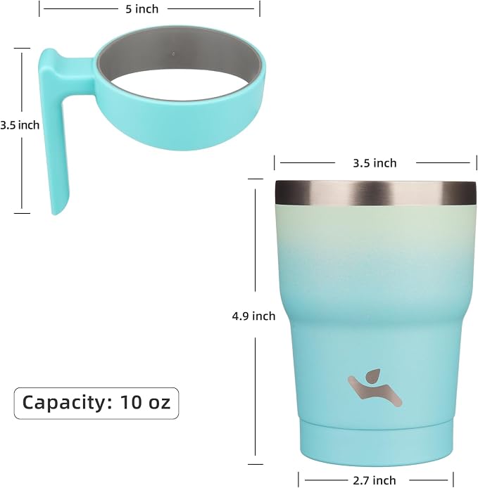 Konokyo 10 oz Tumbler with Handle and Straw, Insulated Travel Mug | Mint; BPA-free, leak-proof tumbler with 2 lids, 2 straws, cup holder fit for coffee, office, travel & daily use
