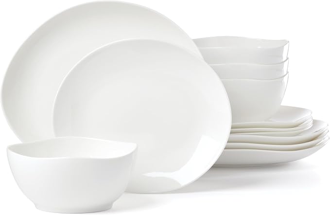 Lenox Studio 1414 Curve Bone China 12-Piece Dinnerware Set for 4 | dishwasher safe | plates and bowls sets for kitchen and dining | 11.8 inch plate, dish set, dishes, chip resistant