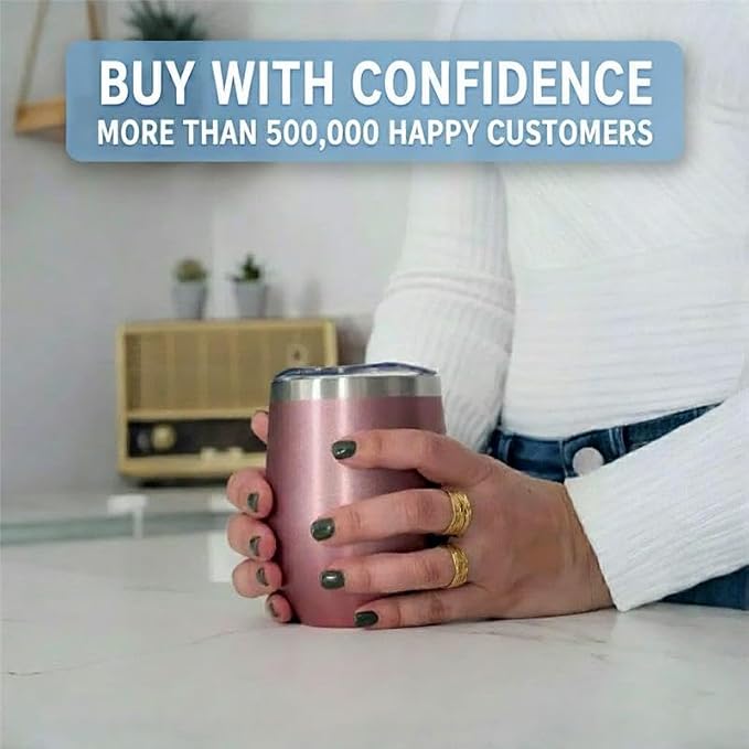 CHILLOUT LIFE 12 oz Stainless Steel Wine Tumbler with Lid - Double Wall Vacuum Insulated Wine Cup Glass Keeping Cold & Hot for Coffee, Champagne, Cocktails, Ice Cream - Rose Gold