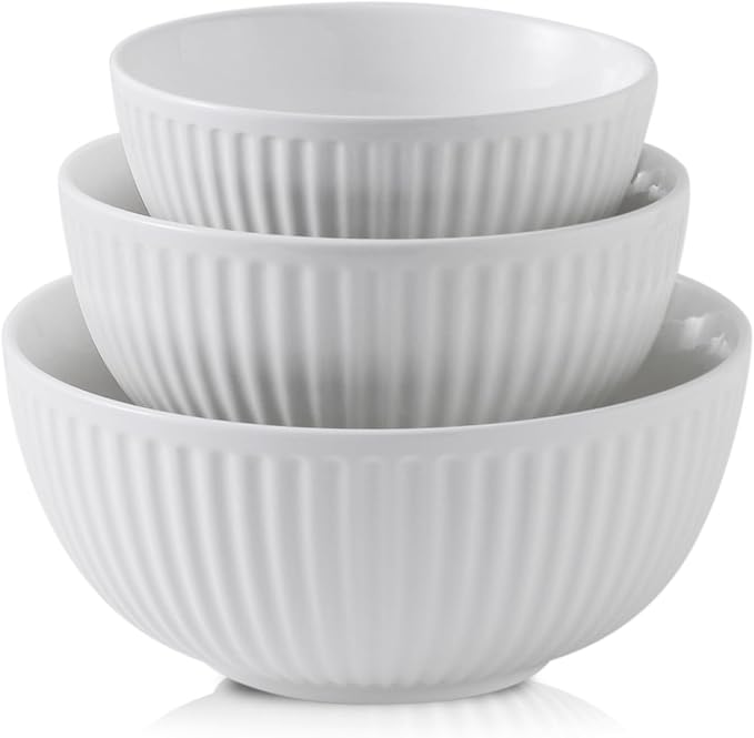 HASENSE White Ribbed Ceramic Serving Bowls Set of 3 | Stackable Nesting Salad Bowls, Large Prep Mixing Bowls for Pasta Fruit Baking Kitchen Counter Storage